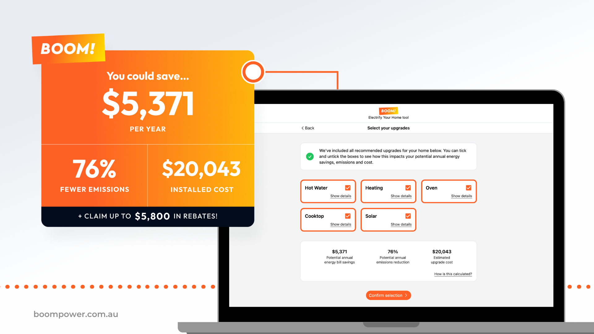 Graphic of the BOOM! Power Electrify Your Home tool delivering simplified home electrification to Bank Australia customers Graphic of the BOOM! Power Electrify Your Home tool delivering simplified home electrification to Bank Australia customers