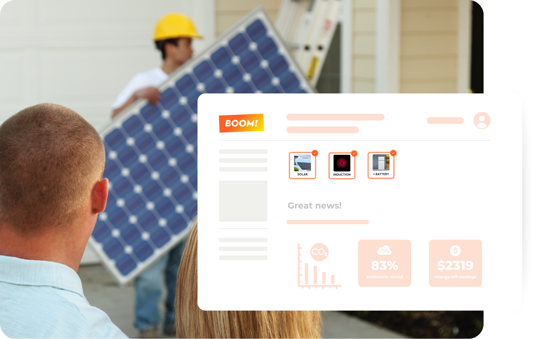Graphic illustrating reduced CO₂ emissions per customer on the BOOM! platform Graphic illustrating reduced CO₂ emissions per customer on the BOOM! platform