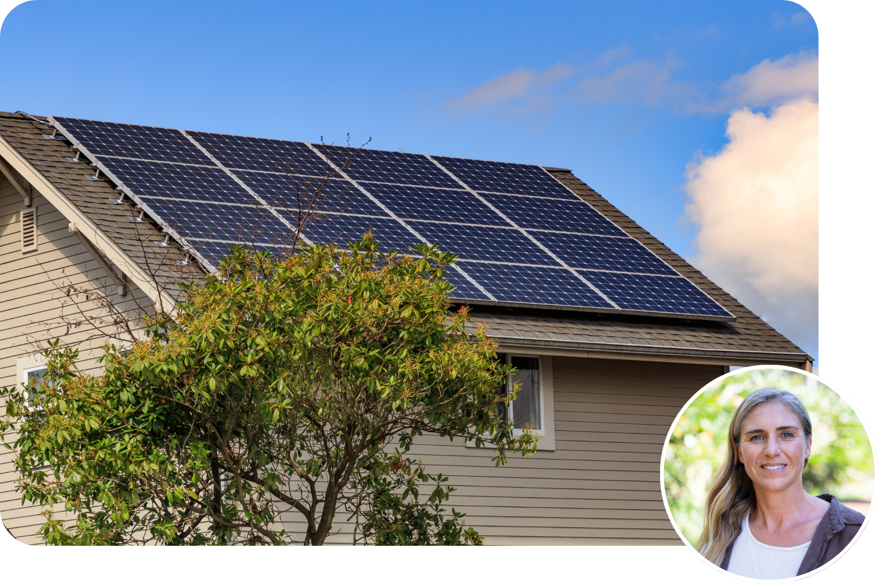 Graphic showing a home with rooftop solar panels alongside a smiling woman, illustrating clean energy adoption and customer satisfaction on the BOOM! platform Graphic showing a home with rooftop solar panels alongside a smiling woman, illustrating clean energy adoption and customer satisfaction on the BOOM! platform