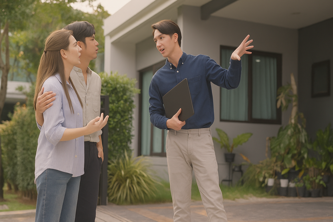 Installer conducting a site visit and speaking with homeowners in front of their house